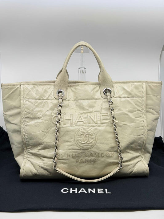 Chanel White Glazed Leather Large Deauville Shopping Tote Bag-Ecru