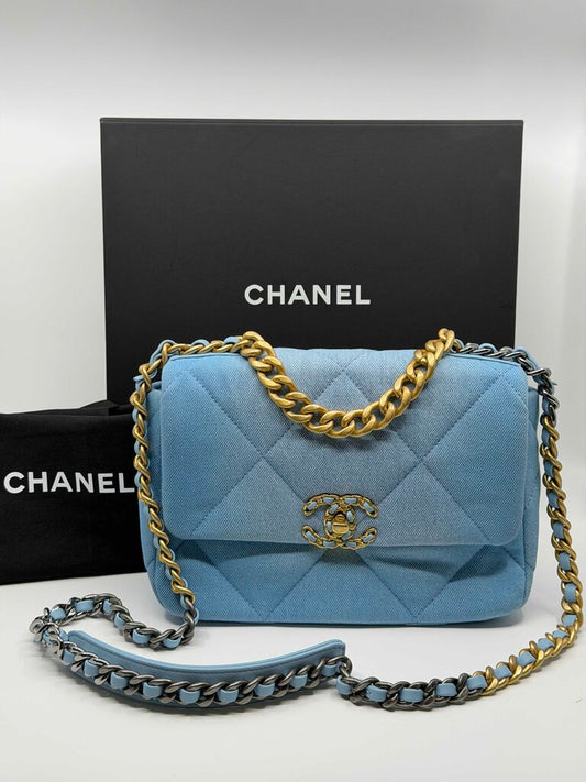 Chanel 19 Small Flap Bag in Light Blue Quilted Denim