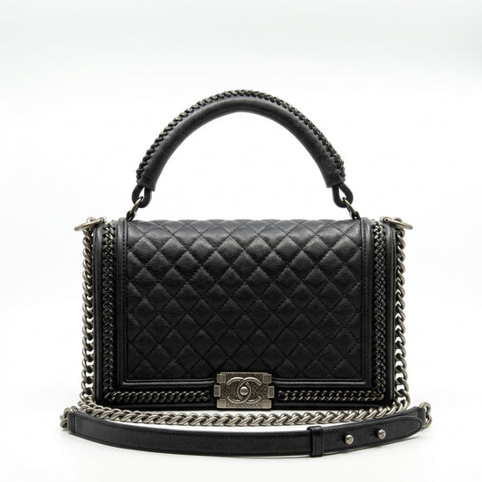 Chanel 2017 Quilted Calfskin New Medium Boy Top Handle Flap Bag – Black / Aged Silver Hardware