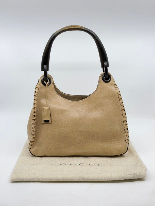 Gucci Vintage Wood Handle Whipstitch Hobo Bag