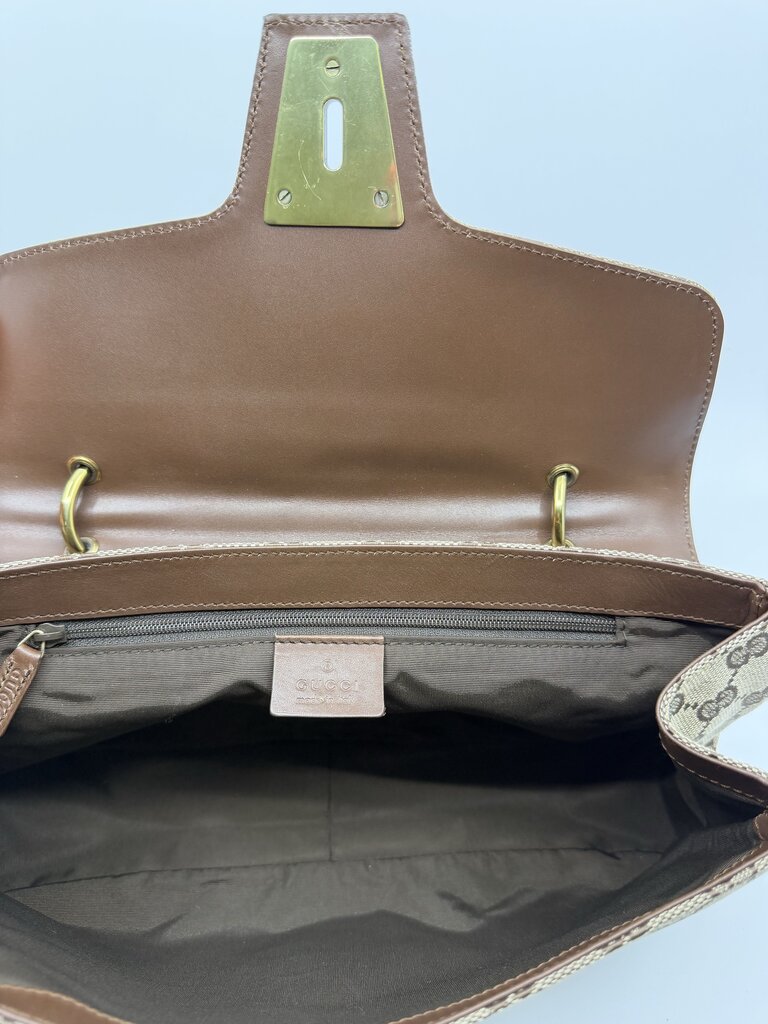 Gucci Vintage (Tom Ford Era )GG Canvas Turn-Lock Flap Top Handle Bag – Beige/Ebony & Brown