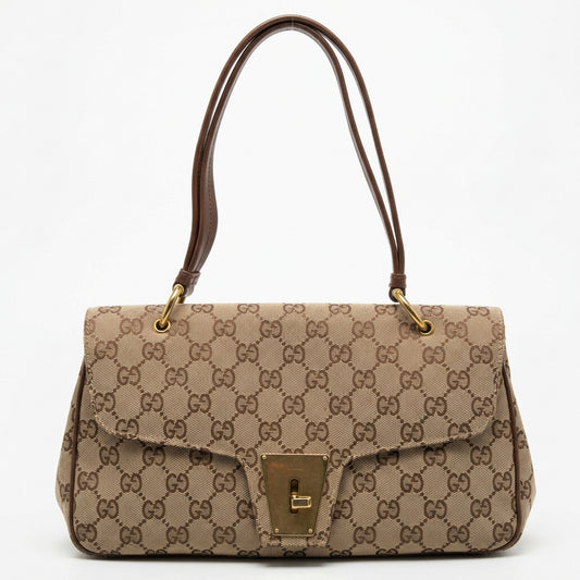 Gucci Vintage (Tom Ford Era )GG Canvas Turn-Lock Flap Top Handle Bag – Beige/Ebony & Brown
