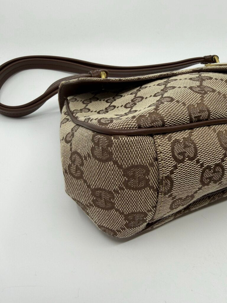 Gucci Vintage (Tom Ford Era )GG Canvas Turn-Lock Flap Top Handle Bag – Beige/Ebony & Brown