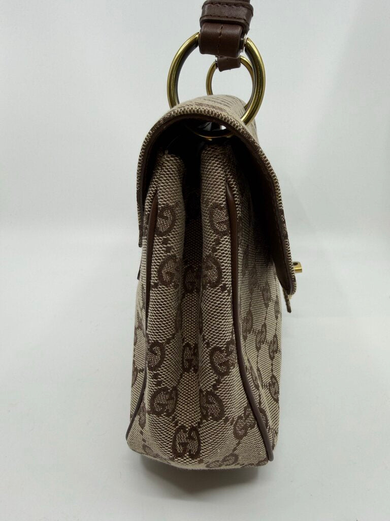 Gucci Vintage (Tom Ford Era )GG Canvas Turn-Lock Flap Top Handle Bag – Beige/Ebony & Brown