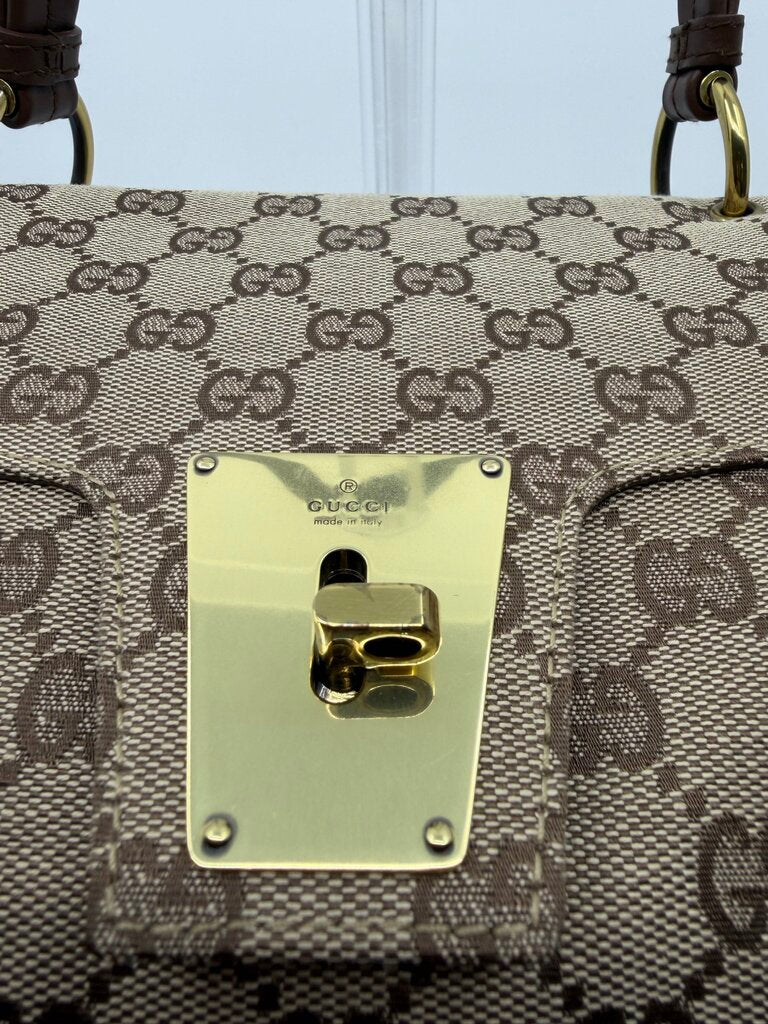 Gucci Vintage (Tom Ford Era )GG Canvas Turn-Lock Flap Top Handle Bag – Beige/Ebony & Brown