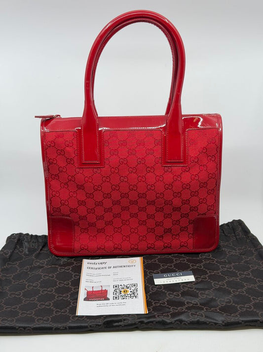 Gucci Vintage Red GG Canvas & Patent Leather Tote Bag