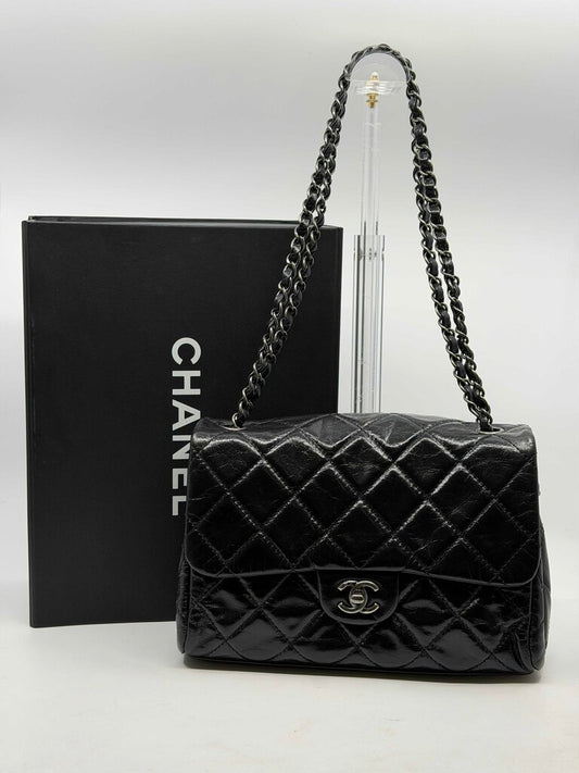 Chanel 2014-2015 Accordion Crinkled Glazed Aged Calfskin Single Flap Shoulder Bag